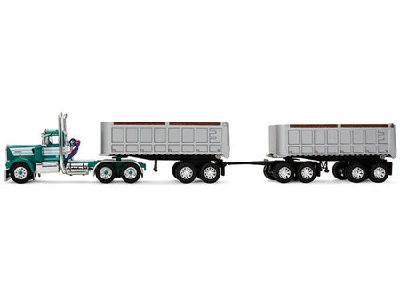 Kenworth W900A Day Cab with 22' Dual End Dump Trailers Turquoise with White Stripes 1/64 Diecast Model by DCP/First Gear-First Gear-ModelCars.com