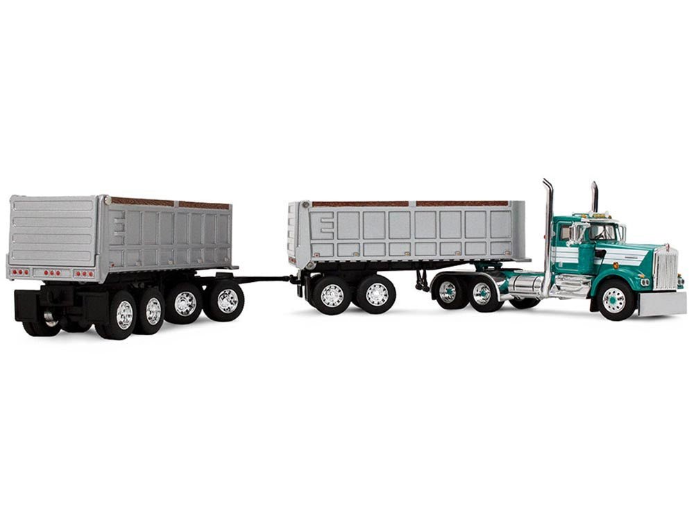 Kenworth W900A Day Cab with 22' Dual End Dump Trailers Turquoise with White Stripes 1/64 Diecast Model by DCP/First Gear-First Gear-ModelCars.com