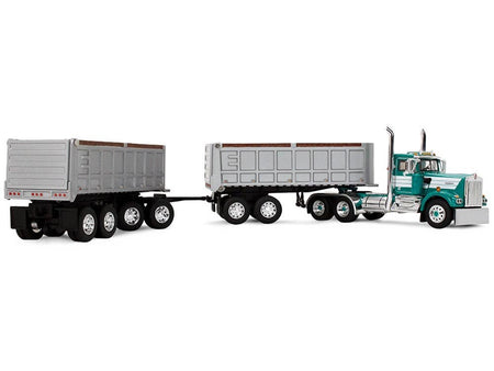 Kenworth W900A Day Cab with 22' Dual End Dump Trailers Turquoise with White Stripes 1/64 Diecast Model by DCP/First Gear-First Gear-ModelCars.com