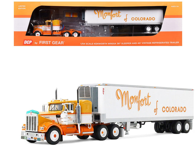 Kenworth W900A with 36" Sleeper and 40' Vintage Trailer with Reefer "Monfort of Colorado" Orange and White "Fallen Flag 50" 1/64 Diecast Model by DCP/First Gear-First Gear-ModelCars.com