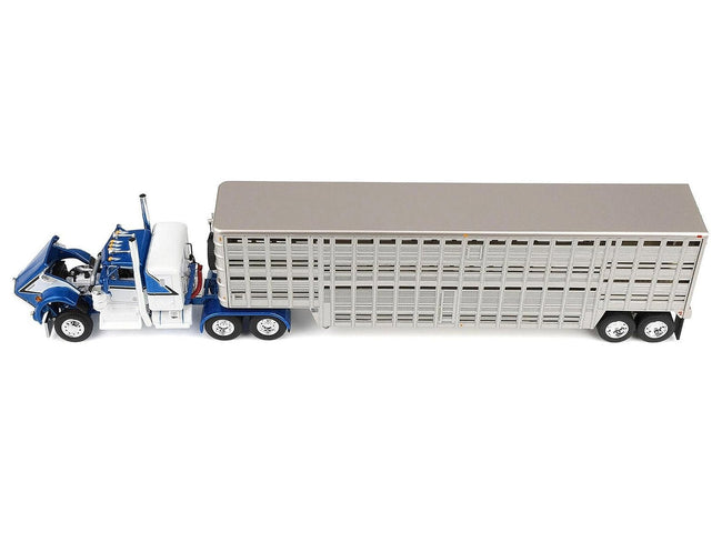 Kenworth W900A with 36" Sleeper and 45' Wilson Vintage Livestock Trailer Mariner Blue and White with Silver Trailer 1/64 Diecast Model by DCP/First Gear-First Gear-ModelCars.com
