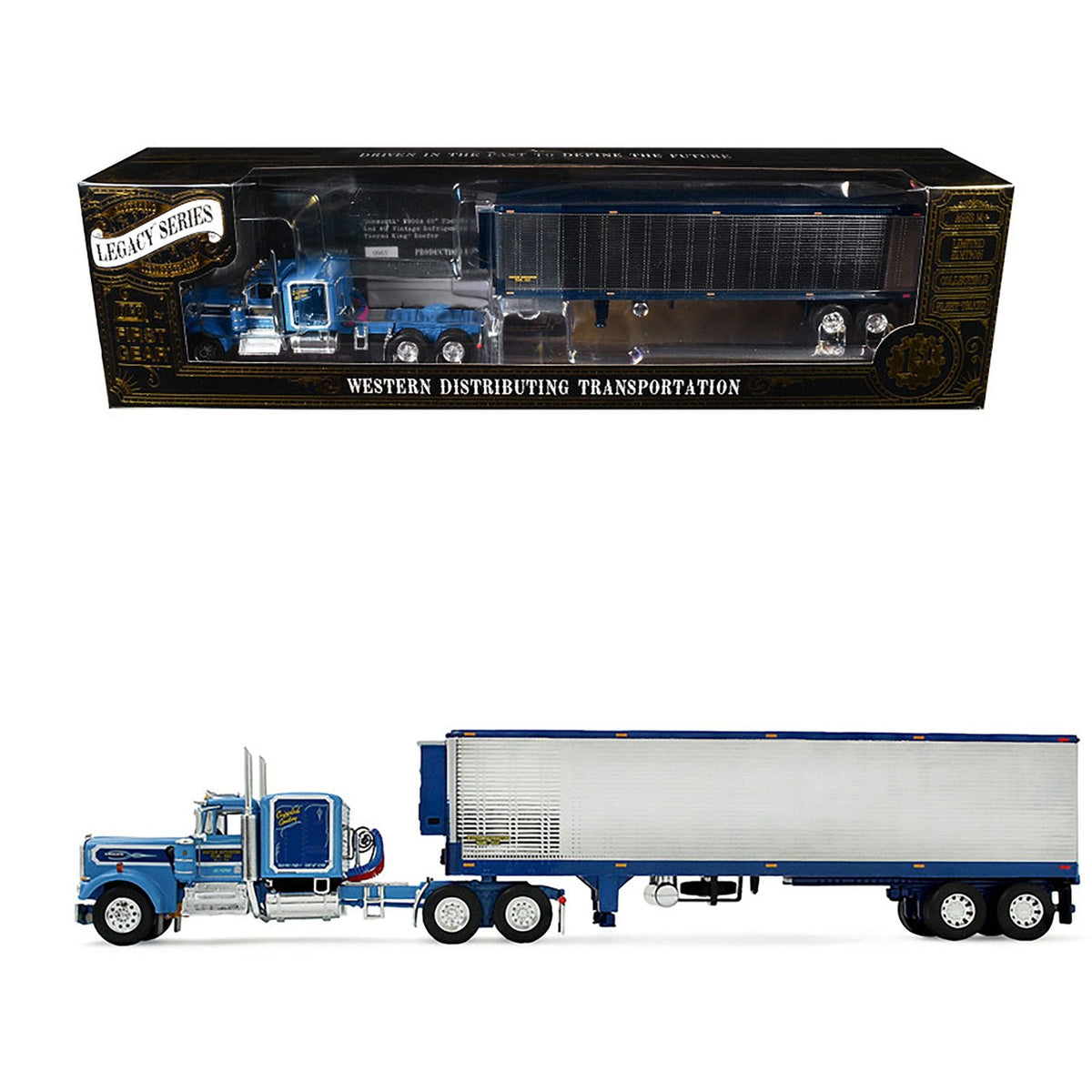 Kenworth W900A with 60" Flat Top Sleeper and 40' Vintage Refrigerated Trailer "Crippled Cowboy" Blue 1/64 Diecast Model by DCP/First Gear-First Gear-ModelCars.com