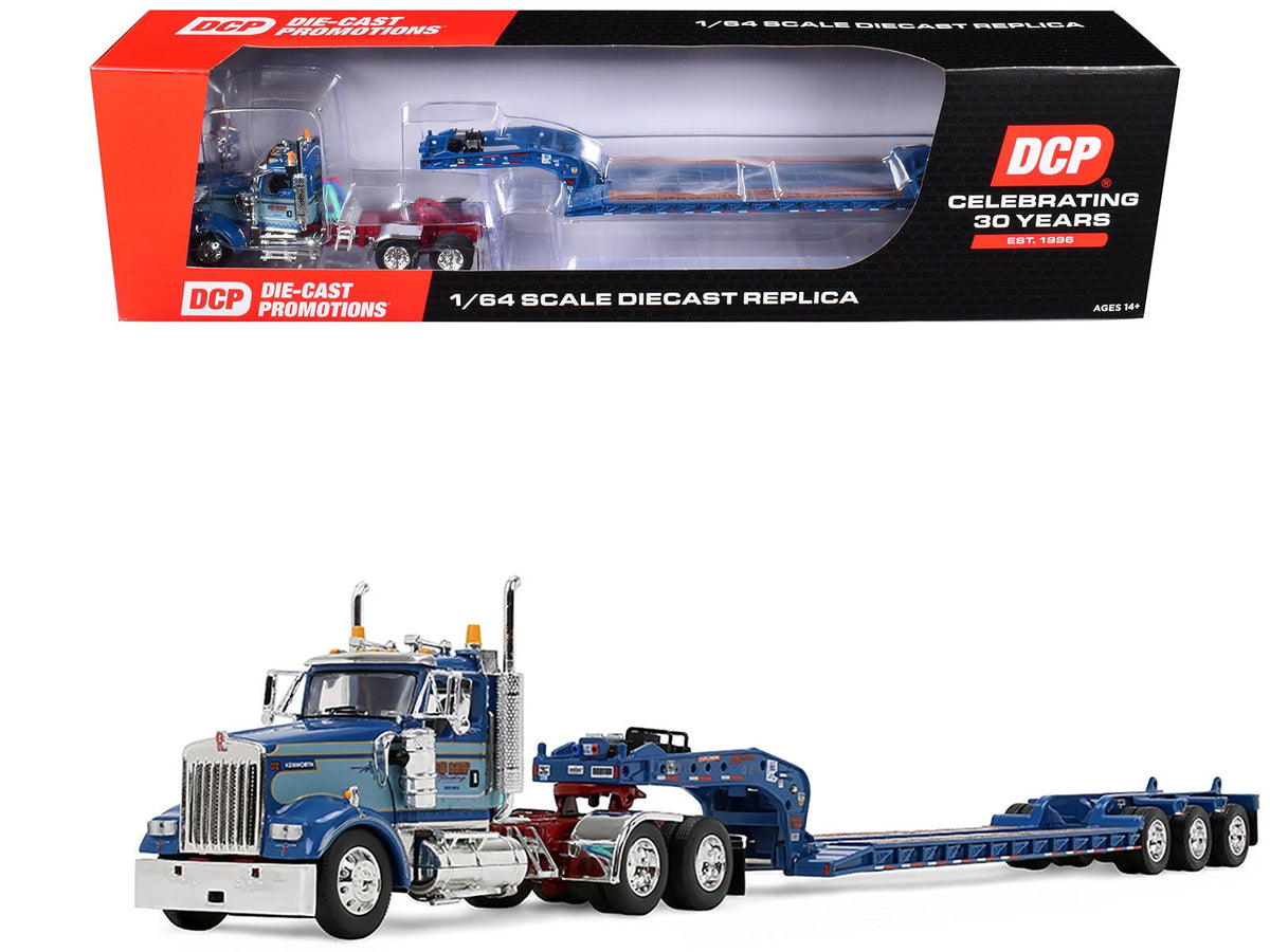Kenworth W900L Day Cab and Fontaine Magnitude Lowboy Trailer "Sid Kamp" Blue and Light Blue Two-Tone 1/64 Diecast Model by DCP/First Gear-First Gear-ModelCars.com