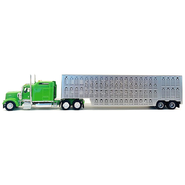 Kenworth W900L Green with Silver Livestock Trailer 1/87 (HO) Plastic Model Car by Promotex-Promotex-ModelCars.com