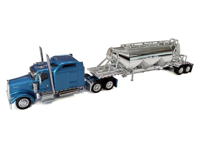 Kenworth W900L Truck Tractor with Sleeper Cab Blue Metallic and Pneumatic Tank Trailer Combo Set 1/87(HO) Plastic Model Car by HO Logistics-HO Logistics Replicas-ModelCars.com