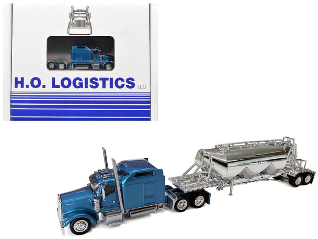 Kenworth W900L Truck Tractor with Sleeper Cab Blue Metallic and Pneumatic Tank Trailer Combo Set 1/87(HO) Plastic Model Car by HO Logistics-HO Logistics Replicas-ModelCars.com