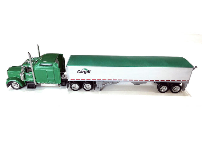 Kenworth W900L Truck Tractor with Sleeper Cab "Cargill" Green and Covered Grain Trailer White with Green Tarp Combo Set 1/87 (HO) Plastic Model Car by HO Logistics-HO Logistics Replicas-ModelCars.com