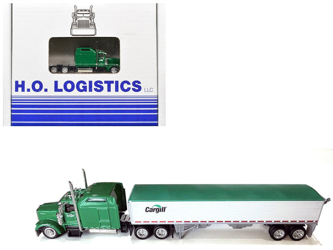 Kenworth W900L Truck Tractor with Sleeper Cab "Cargill" Green and Covered Grain Trailer White with Green Tarp Combo Set 1/87 (HO) Plastic Model Car by HO Logistics-HO Logistics Replicas-ModelCars.com