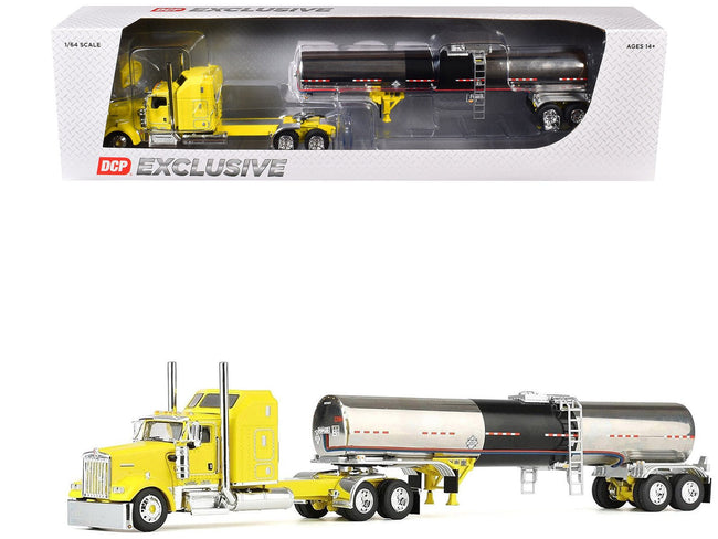 Kenworth W900L with 60" Aerodyne Sleeper and Brenner Tank Trailer "Double C Transport" Yellow 1/64 Diecast Model by DCP/First Gear-First Gear-ModelCars.com