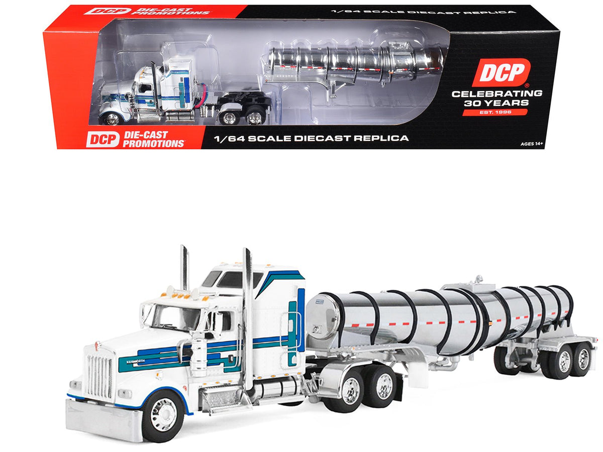Kenworth W900L with 60" Aerodyne Sleeper and Polar Deep Drop Trailer White with Blue and Green Stripes 1/64 Diecast Model by DCP/First Gear-First Gear-ModelCars.com