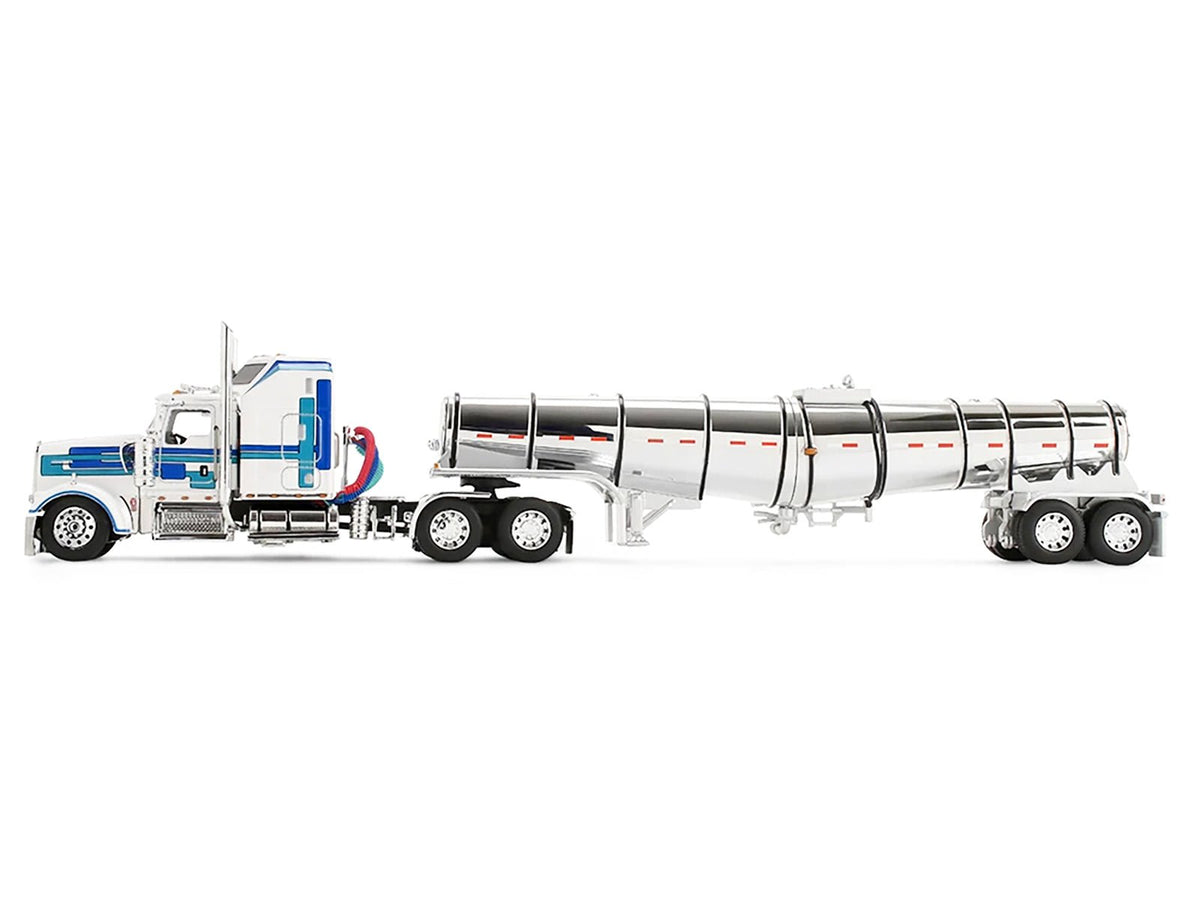 Kenworth W900L with 60" Aerodyne Sleeper and Polar Deep Drop Trailer White with Blue and Green Stripes 1/64 Diecast Model by DCP/First Gear-First Gear-ModelCars.com