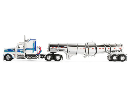 Kenworth W900L with 60" Aerodyne Sleeper and Polar Deep Drop Trailer White with Blue and Green Stripes 1/64 Diecast Model by DCP/First Gear-First Gear-ModelCars.com