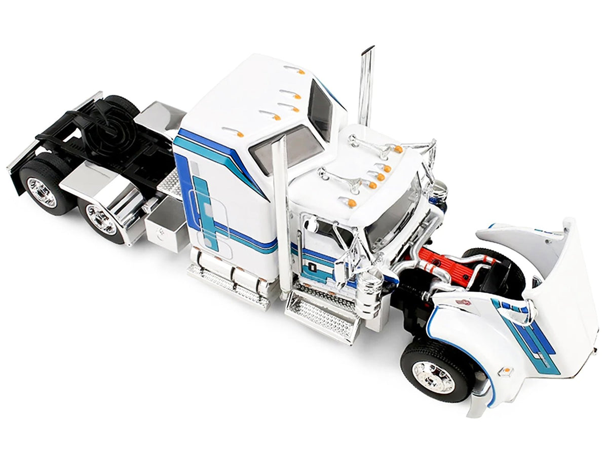 Kenworth W900L with 60" Aerodyne Sleeper and Polar Deep Drop Trailer White with Blue and Green Stripes 1/64 Diecast Model by DCP/First Gear-First Gear-ModelCars.com