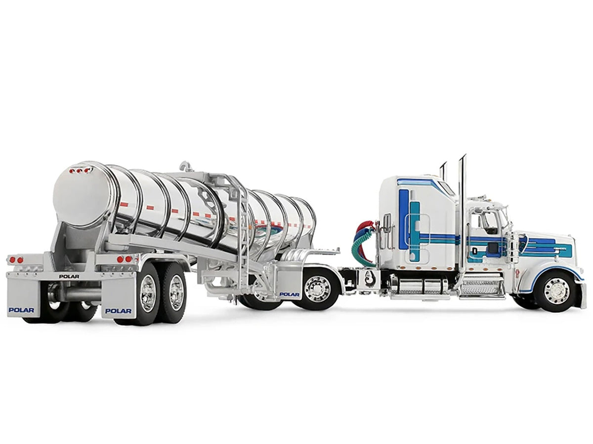 Kenworth W900L with 60" Aerodyne Sleeper and Polar Deep Drop Trailer White with Blue and Green Stripes 1/64 Diecast Model by DCP/First Gear-First Gear-ModelCars.com