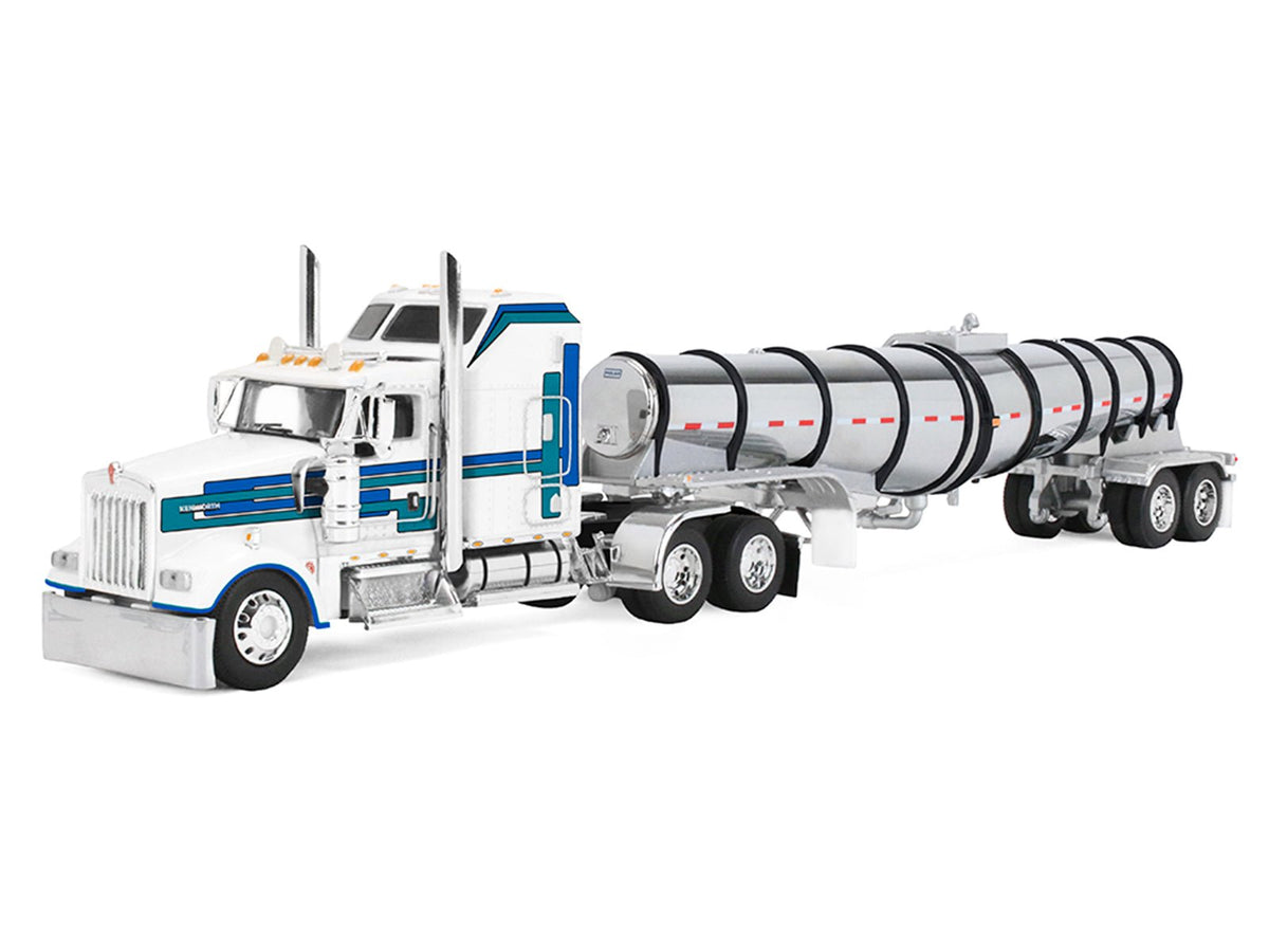 Kenworth W900L with 60" Aerodyne Sleeper and Polar Deep Drop Trailer White with Blue and Green Stripes 1/64 Diecast Model by DCP/First Gear-First Gear-ModelCars.com