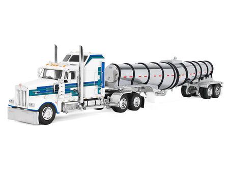 Kenworth W900L with 60" Aerodyne Sleeper and Polar Deep Drop Trailer White with Blue and Green Stripes 1/64 Diecast Model by DCP/First Gear-First Gear-ModelCars.com