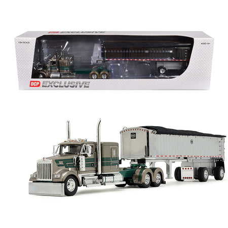 Kenworth W900L with 60" Flat Top Sleeper and MAC Coal End Dump Trailer "D&D Hauling & Excavating" Tan Metallic with Green Stripes 1/64 Diecast Model by DCP/First Gear-First Gear-ModelCars.com