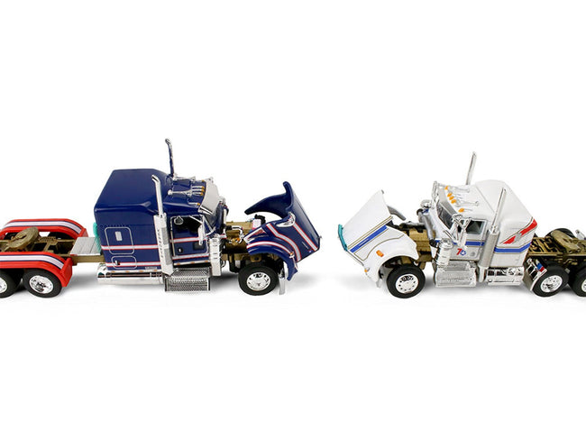 Kenworth W900L with 72" Aerocab Flat Top Sleeper Blue with White Stripes and Fontaine Magnitude Lowboy Trailer with Kenworth W900A Load White with Blue and Red Stripes "America 250" 1/64 Diecast Model by DCP/First Gear-First Gear-ModelCars.com