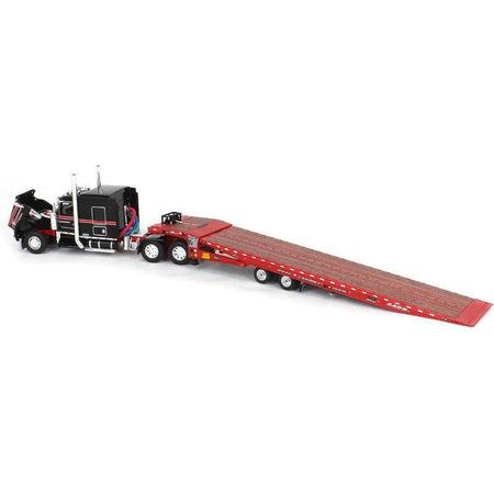 Kenworth W900L with 72" AeroCab Sleeper and Landoll 440B50CA Traveling Axle Trailer Black and Red 1/64 Diecast Model by DCP/First Gear - First Gear - ModelCars.com