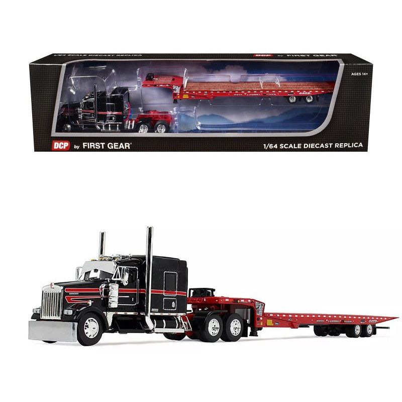Kenworth W900L with 72" AeroCab Sleeper and Landoll 440B50CA Traveling Axle Trailer Black and Red 1/64 Diecast Model by DCP/First Gear - First Gear - ModelCars.com