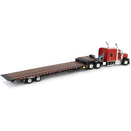 Kenworth W900L with 72" AeroCab Sleeper and Landoll 440B50CA Traveling Axle Trailer Viper Red and Black 1/64 Diecast Model by DCP/First Gear-First Gear-ModelCars.com