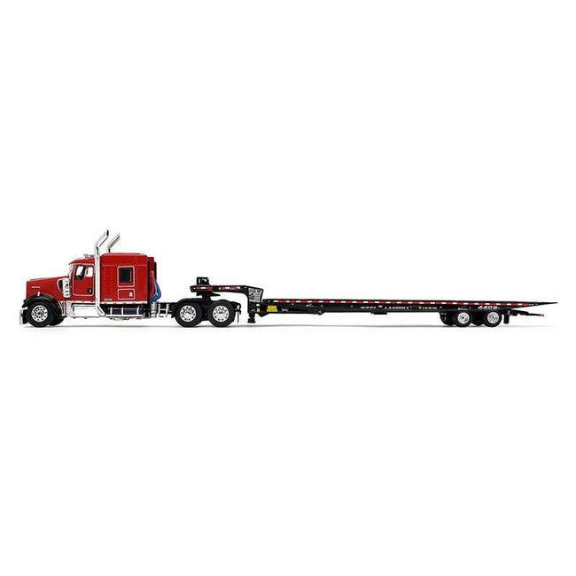 Kenworth W900L with 72" AeroCab Sleeper and Landoll 440B50CA Traveling Axle Trailer Viper Red and Black 1/64 Diecast Model by DCP/First Gear-First Gear-ModelCars.com