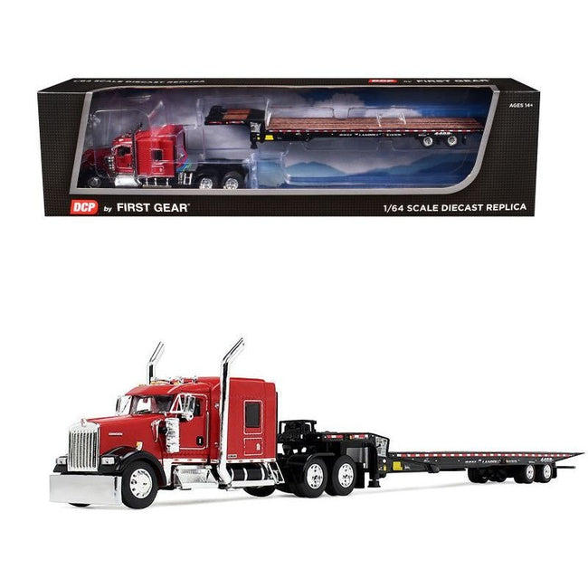 Kenworth W900L with 72" AeroCab Sleeper and Landoll 440B50CA Traveling Axle Trailer Viper Red and Black 1/64 Diecast Model by DCP/First Gear-First Gear-ModelCars.com