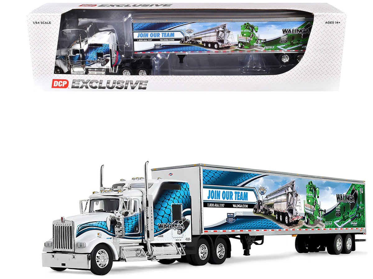 Kenworth W900L with 86" Studio Sleeper and 53' Utility Trailer with Skirts "Walinga" White with Blue Graphics 1/64 Diecast Model by DCP/First Gear-First Gear-ModelCars.com
