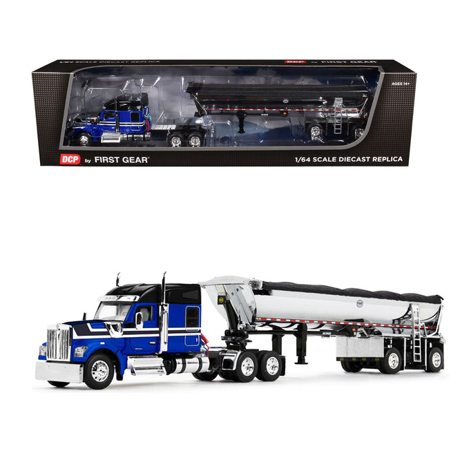 Kenworth W990 76" Mid-Roof Sleeper and MAC Half Round End Dump Trailer Blue and Black 1/64 Diecast Model by DCP/First Gear-First Gear-ModelCars.com