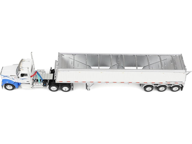 Kenworth W990 Day Cab and Lode King Distinction Hopper Trailer White and Blue 1/64 Diecast Model by DCP/First Gear-First Gear-ModelCars.com