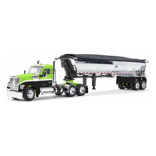 Kenworth W990 Day Cab and MAC Half - Round Tandem - Axle Dump Trailer Lime Green and Black 1/64 Diecast Model by DCP/First Gear - First Gear - ModelCars.com