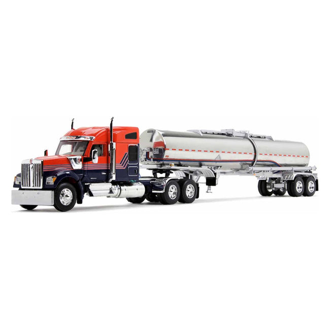Kenworth W990 with 76" Mid - Roof Sleeper and Brenner Chemical Grade Tandem Axle Tanker Trailer Red and Navy Blue 1/64 Diecast Model by DCP/First Gear - First Gear - ModelCars.com