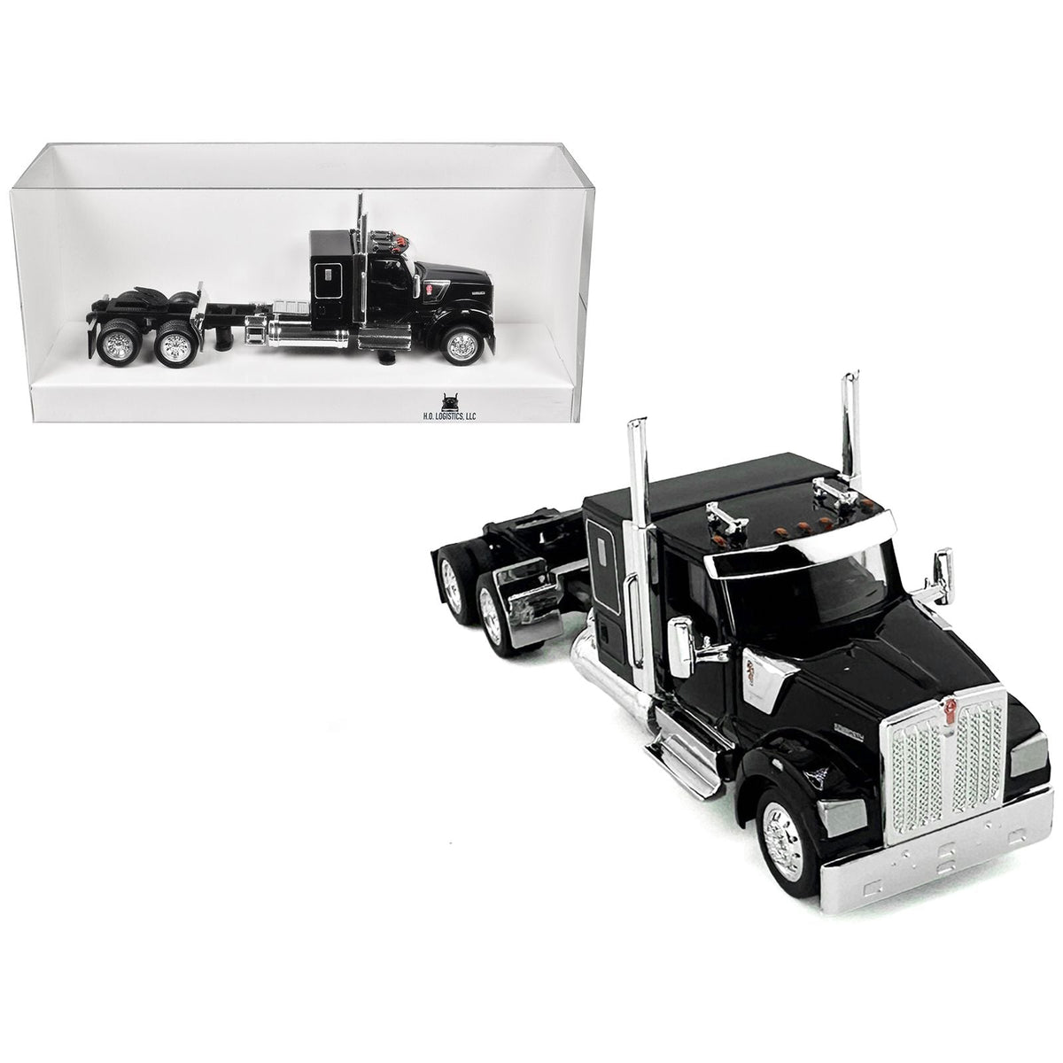 Kenworth W990 with Flat Top Sleeper Cab Black 1/87 (HO) Plastic Model Car by HO Logistics-HO Logistics Replicas-ModelCars.com