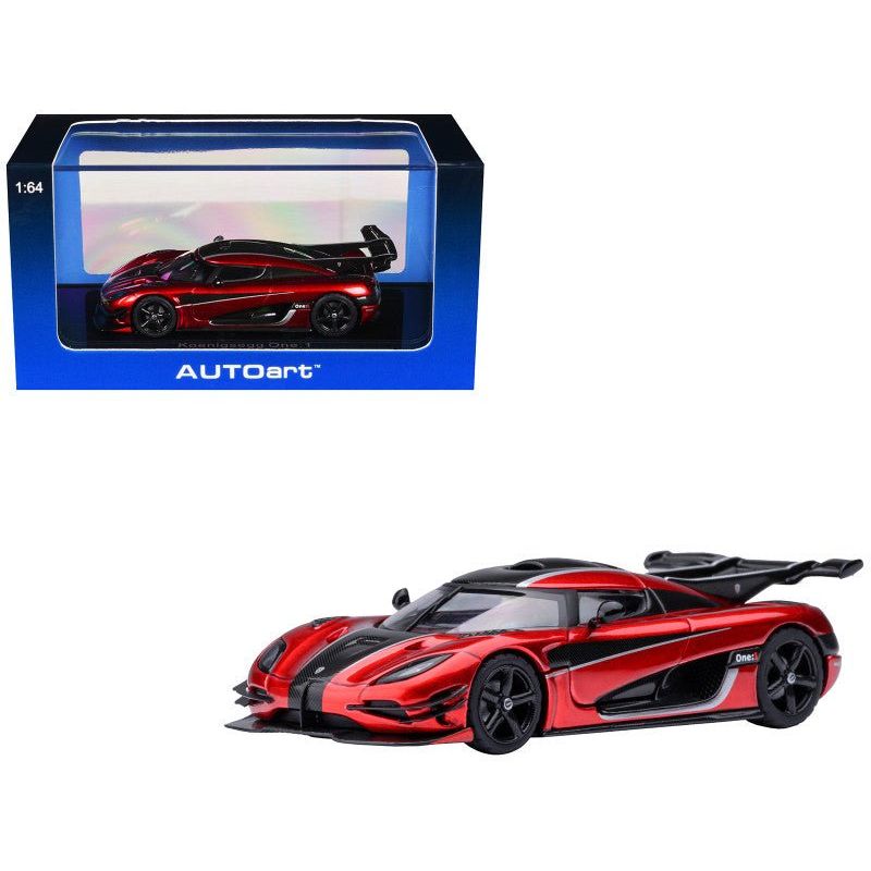 Koenigsegg One:1 Apple Red Metallic with Carbon and Silver Stripes 1/64 Diecast Model Car by Autoart - Autoart - ModelCars.com