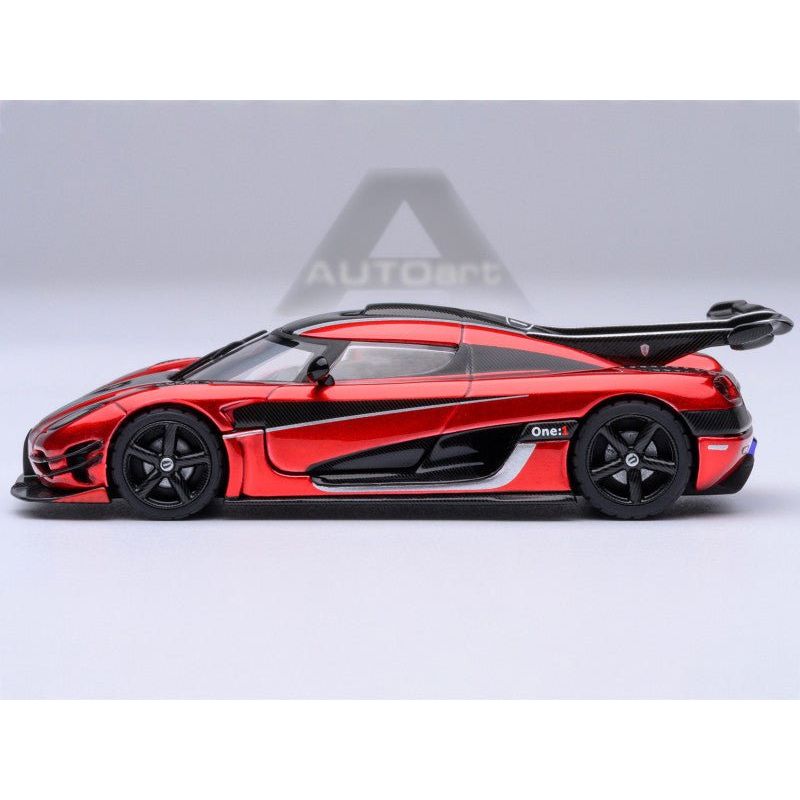 Koenigsegg One:1 Apple Red Metallic with Carbon and Silver Stripes 1/64 Diecast Model Car by Autoart - Autoart - ModelCars.com