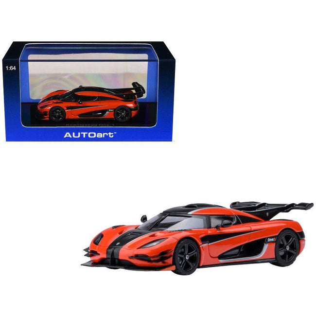 Koenigsegg One:1 Lava Orange with Carbon and Silver Stripes 1/64 Diecast Model Car by Autoart-Autoart-ModelCars.com