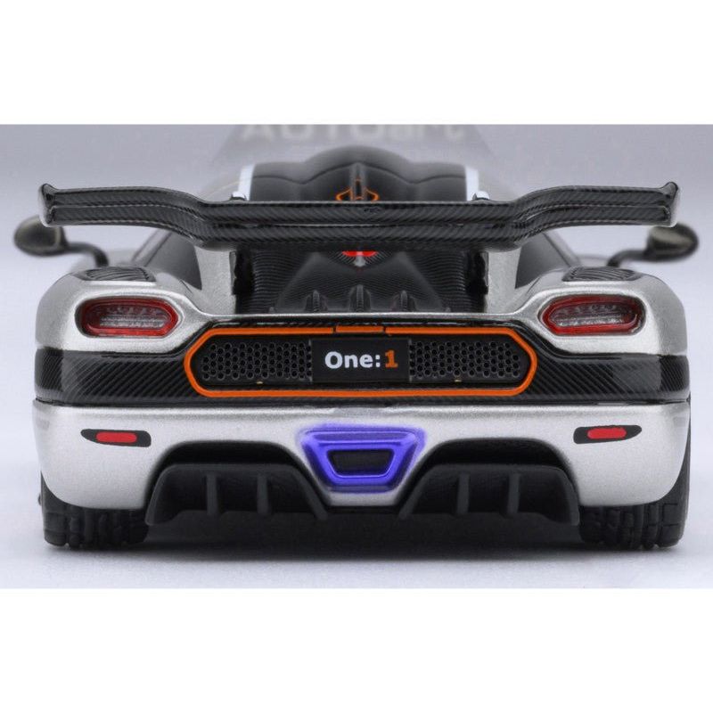 Koenigsegg One:1 Moon Gray Metallic with Carbon and Orange Stripes 1/64 Diecast Model Car by Autoart - Autoart - ModelCars.com