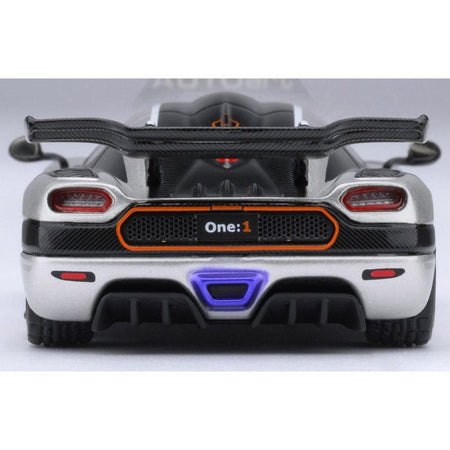 Koenigsegg One:1 Moon Gray Metallic with Carbon and Orange Stripes 1/64 Diecast Model Car by Autoart - Autoart - ModelCars.com