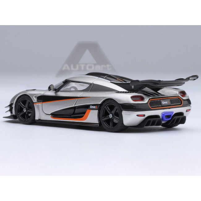 Koenigsegg One:1 Moon Gray Metallic with Carbon and Orange Stripes 1/64 Diecast Model Car by Autoart - Autoart - ModelCars.com