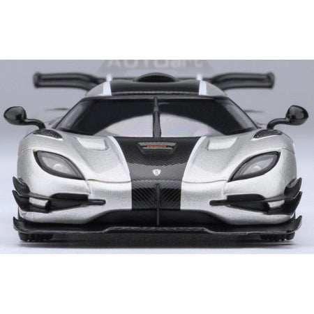 Koenigsegg One:1 Moon Gray Metallic with Carbon and Orange Stripes 1/64 Diecast Model Car by Autoart - Autoart - ModelCars.com