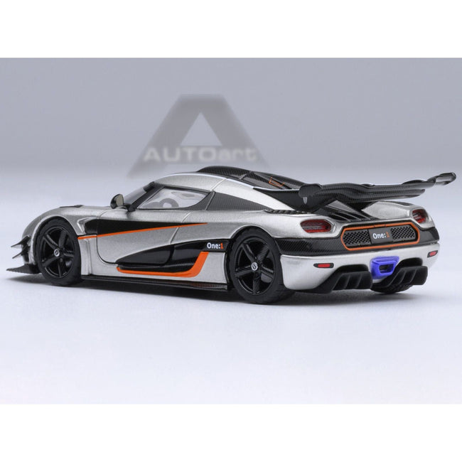 Koenigsegg One:1 Moon Gray Metallic with Carbon and Orange Stripes 1/64 Diecast Model Car by Autoart-Autoart-ModelCars.com