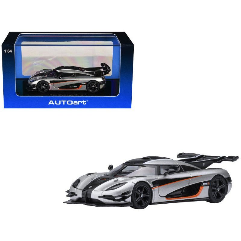 Koenigsegg One:1 Moon Gray Metallic with Carbon and Orange Stripes 1/64 Diecast Model Car by Autoart - Autoart - ModelCars.com