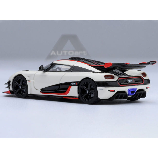 Koenigsegg One:1 Pebble White with Carbon and Red Stripes 1/64 Diecast Model Car by Autoart-Autoart-ModelCars.com