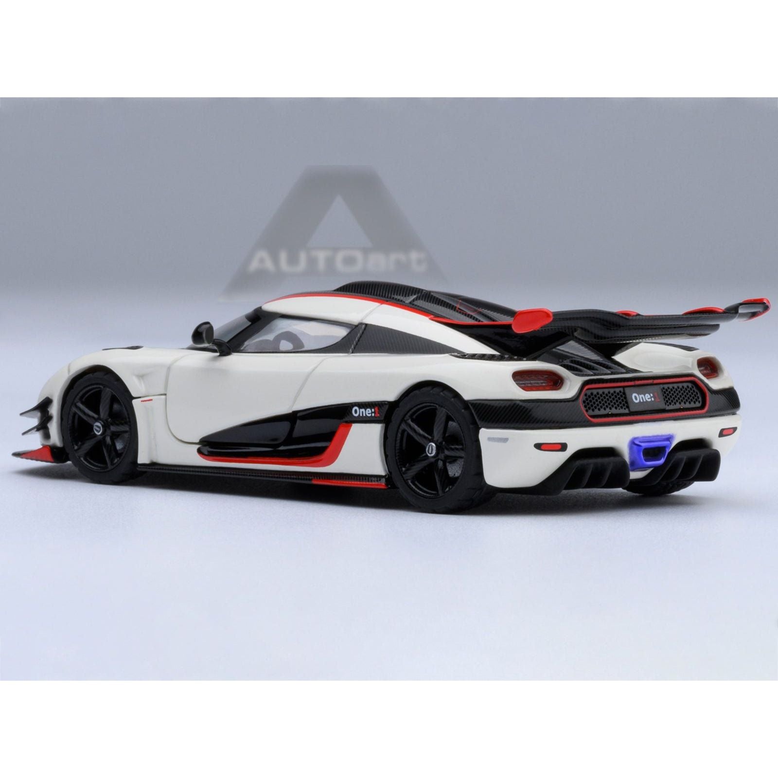 Koenigsegg One:1 Pebble White with Carbon and Red Stripes 1/64 Diecast Model Car by Autoart - Autoart - ModelCars.com