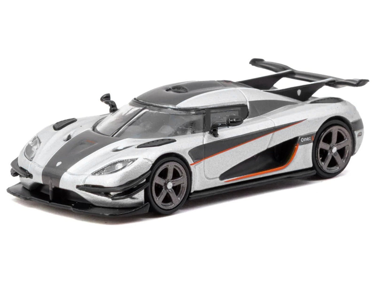 Koenigsegg One:1 Silver Metallic with Black Stripes "Global64" Series 1/64 Diecast Model Car by Tarmac Works-Tarmac Works-ModelCars.com