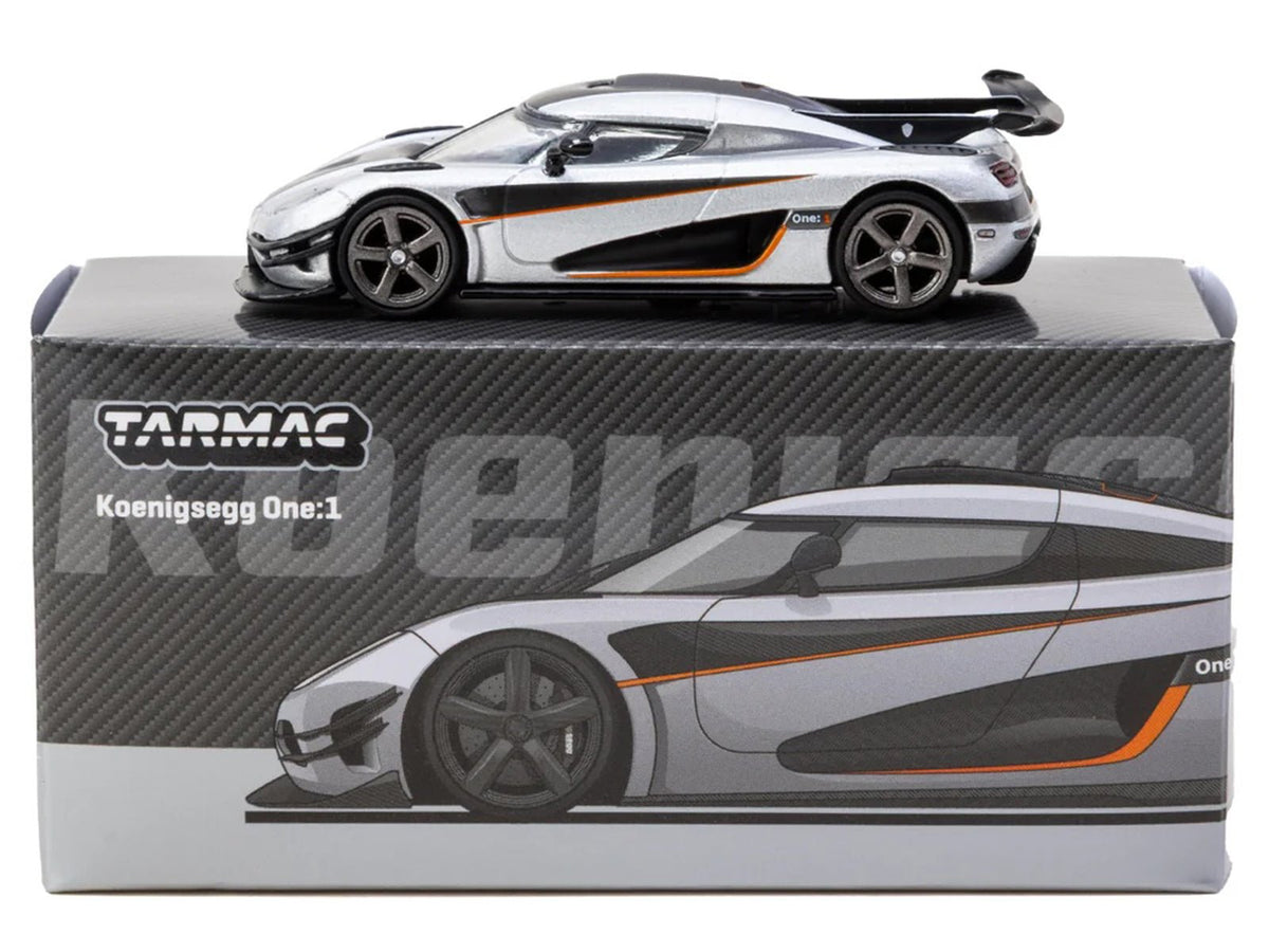 Koenigsegg One:1 Silver Metallic with Black Stripes "Global64" Series 1/64 Diecast Model Car by Tarmac Works-Tarmac Works-ModelCars.com