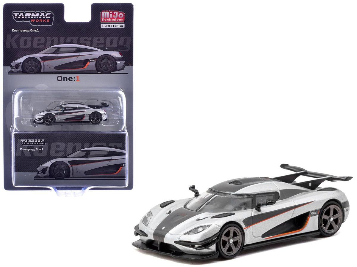 Koenigsegg One:1 Silver Metallic with Black Stripes "Global64" Series 1/64 Diecast Model Car by Tarmac Works-Tarmac Works-ModelCars.com