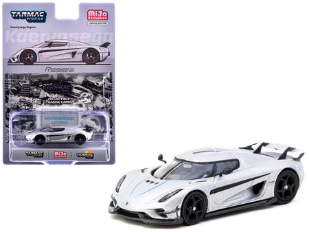 Koenigsegg Regera Silver Metallic with Blue Accents and Collectible Tarmac Cards "Global64" Series 1/64 Diecast Model Car by Tarmac Works-Tarmac Works-ModelCars.com