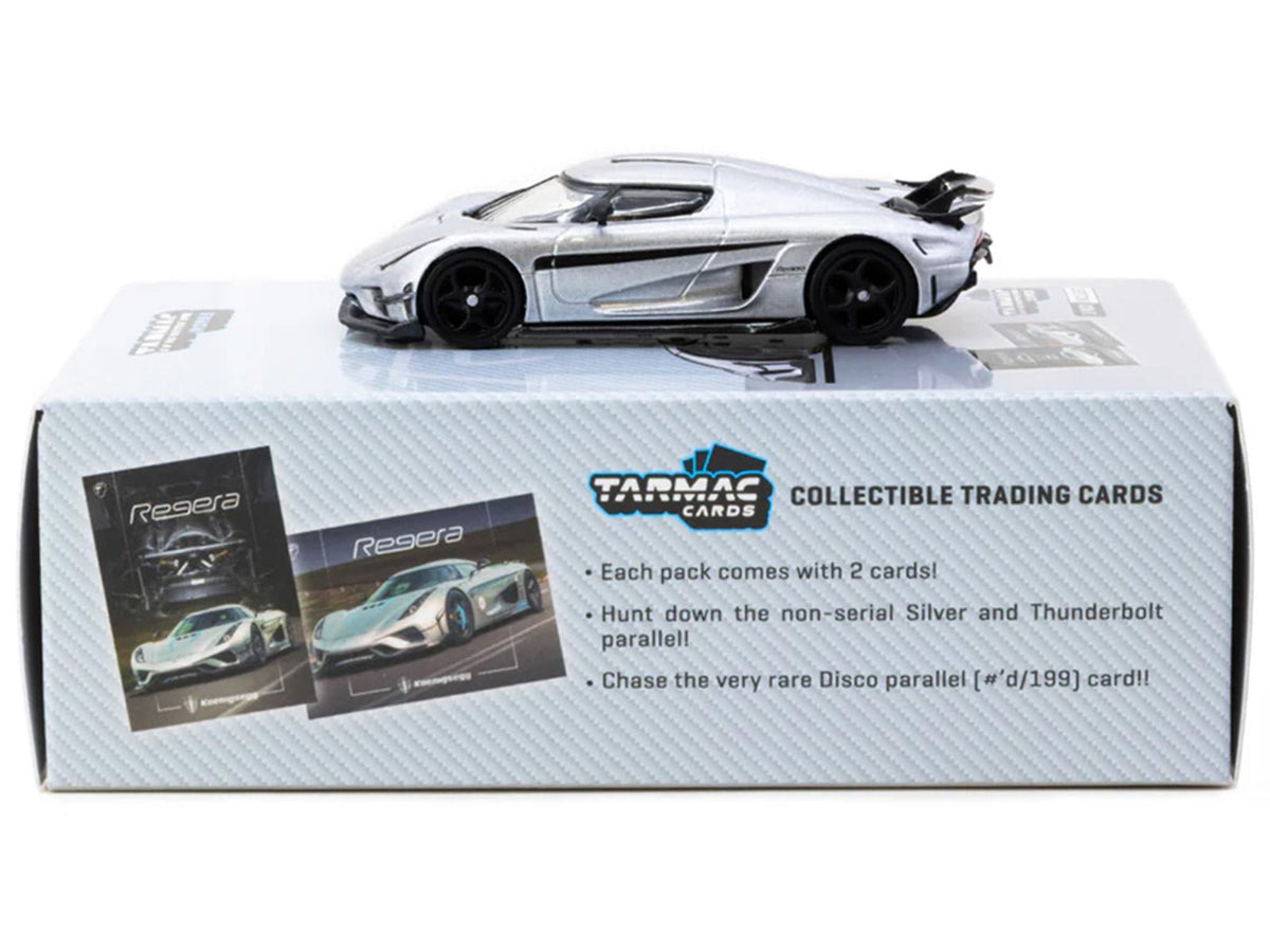 Koenigsegg Regera Silver Metallic with Blue Accents and Collectible Tarmac Cards "Global64" Series 1/64 Diecast Model Car by Tarmac Works-Tarmac Works-ModelCars.com