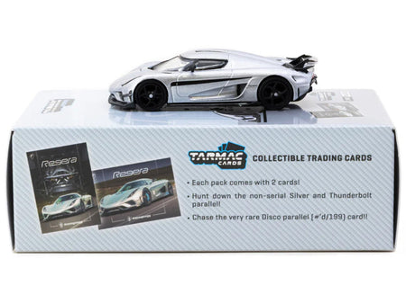 Koenigsegg Regera Silver Metallic with Blue Accents and Collectible Tarmac Cards "Global64" Series 1/64 Diecast Model Car by Tarmac Works-Tarmac Works-ModelCars.com